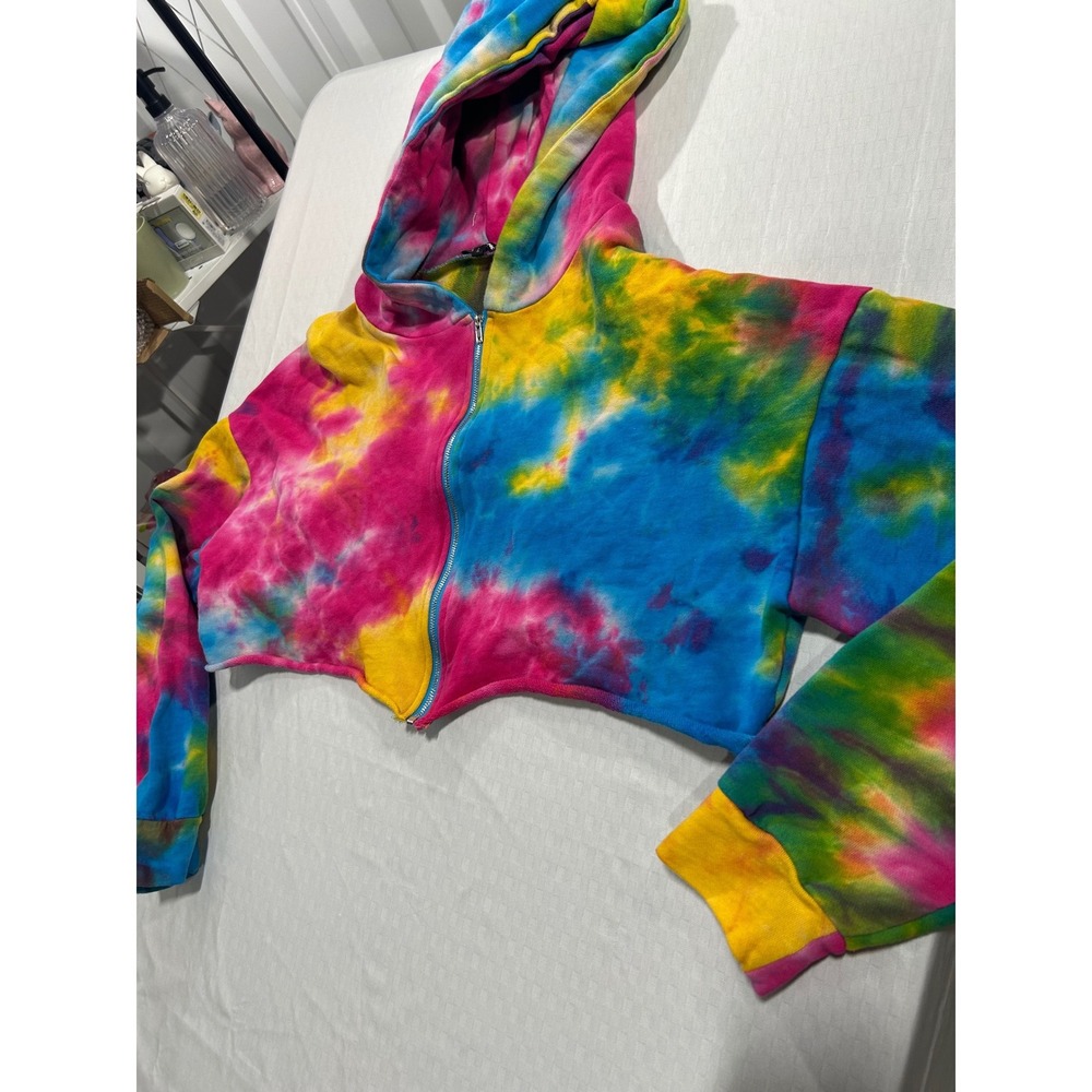 Fashion Nova Tie Dye Cropped Zip Up Hoodie Pink Blue Yellow Large